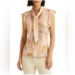 Lauren Ralph Lauren peach floral tie neck ruffle flutter sleeve size lg